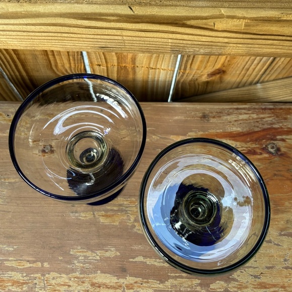 3 Piece Set 2 Mexican Hand Blown Margarita Glasses & Pitcher Cobalt Blue Trim - Picture 5 of 11